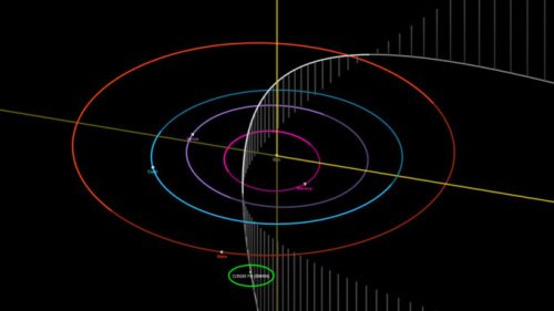 L'orbite de C/2020 F8 (SWAN) dans le système solaire. // Source : Capture d'écran JPL Small-Body Database Center, annotation Numerama