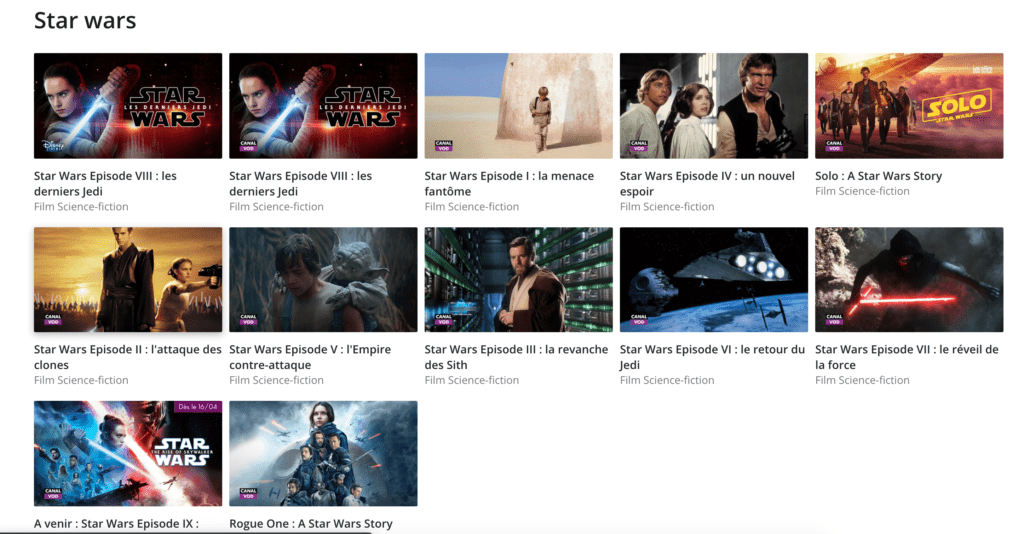 La quasi-totalité des films de la requête Star Wars sont à acheter en plus de l'abonnement // Source : Capture d'écran Numerama