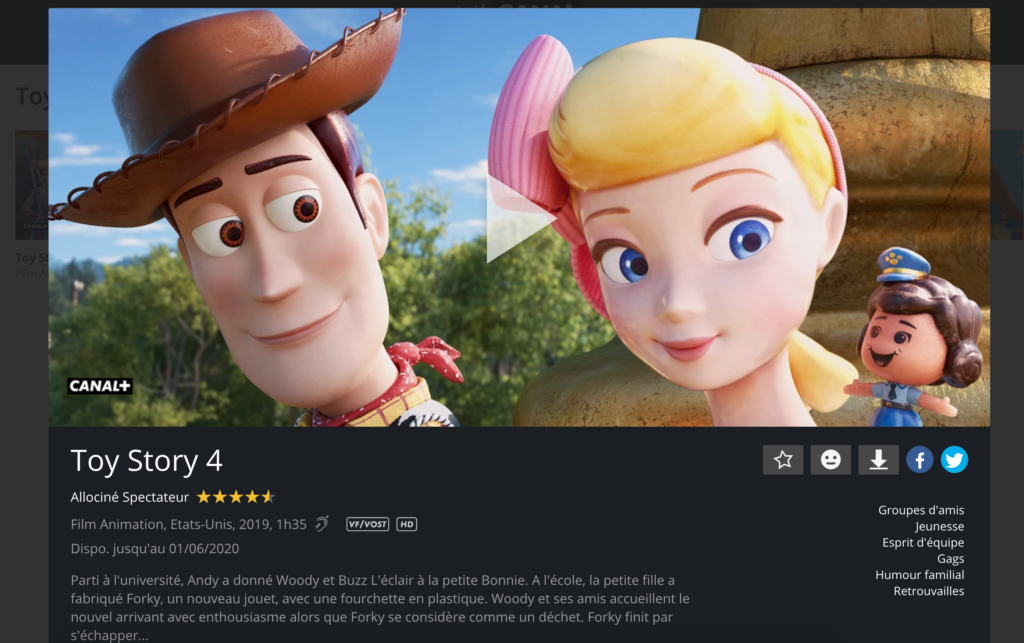 Toy Story 4, c'est sur Canal // Source : Capture d'écran Numerama