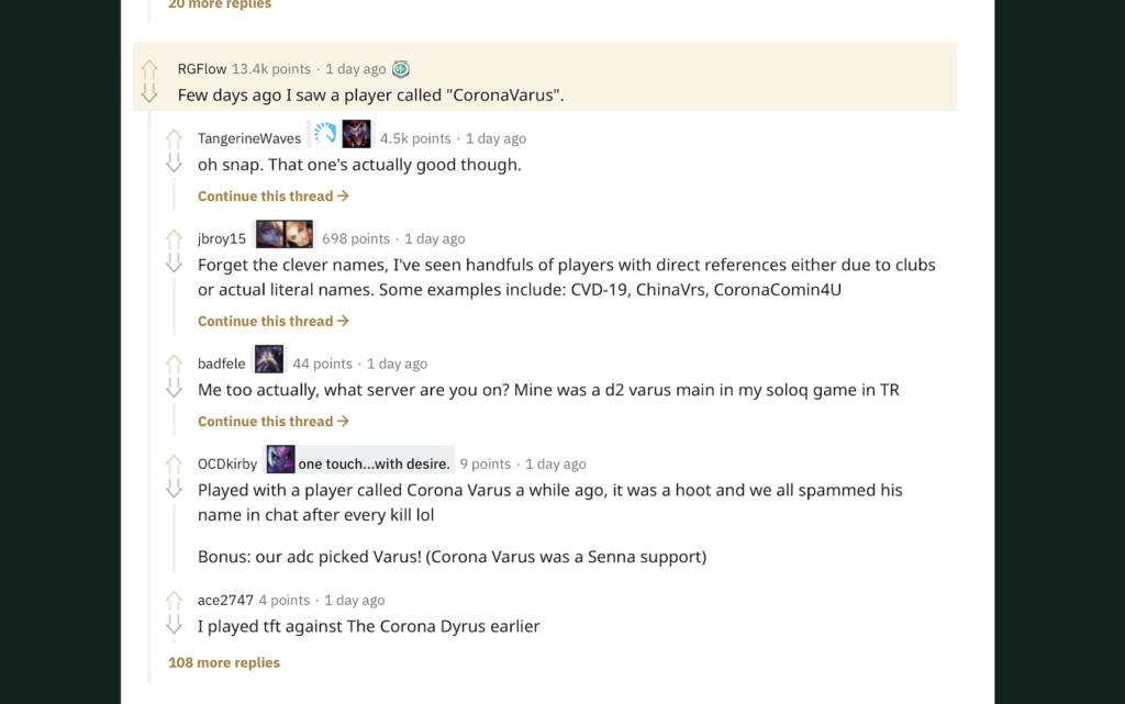 Exemples de pseudos en lieu avec le coronavirus dans League of Legends // Source : Capture Reddit Exemples de pseudos en lieu avec le coronavirus dans League of Legends // Source : Capture Reddit
