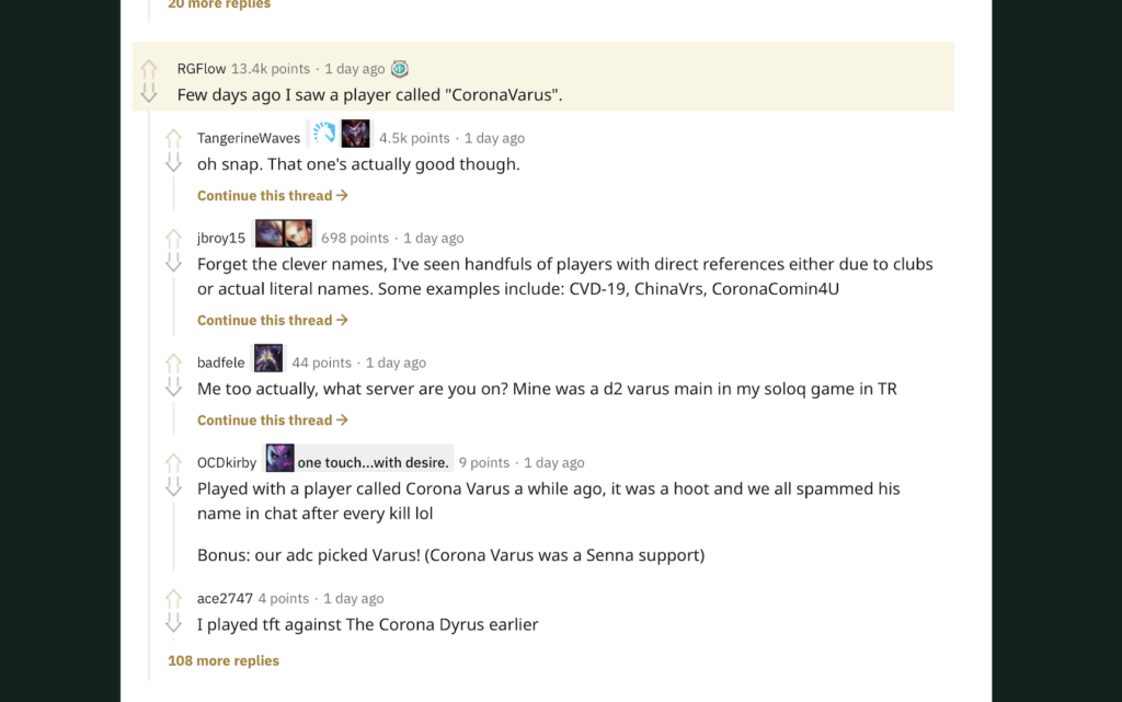 Exemples de pseudos en lieu avec le coronavirus dans League of Legends // Source : Capture Reddit