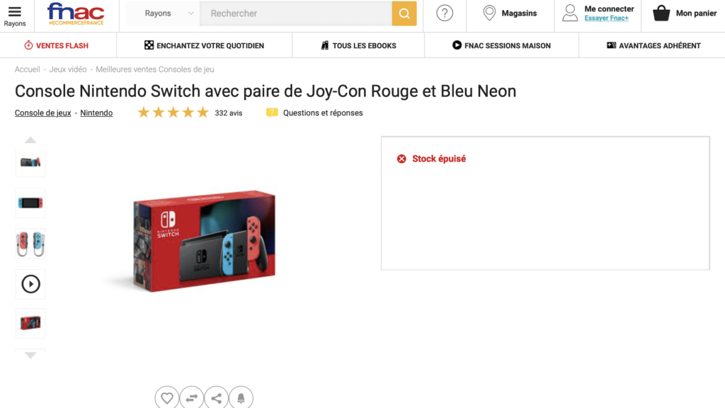 Nintendo Switch en rupture à la Fnac // Source : Capture du 21 avril Nintendo Switch en rupture à la Fnac // Source : Capture du 21 avril