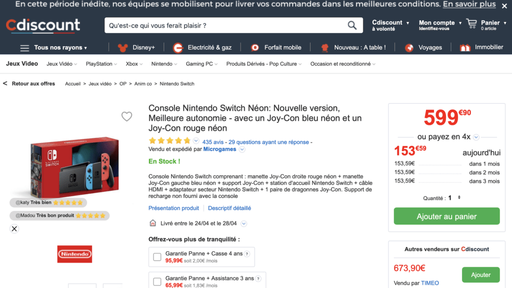 Nintendo Switch en rupture sur Cdiscount // Source : Capture du 21 avril 2020