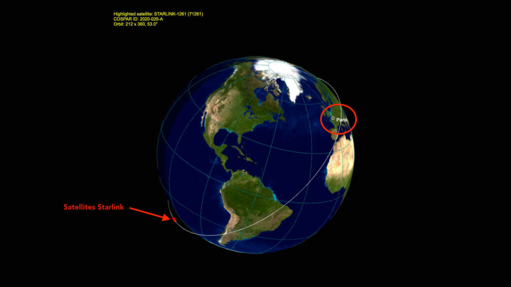 Position du train de satellites vers 16h le 24 avril 2020, par rapport à la France. // Source : Capture d'écran Heavens Above, annotations Numerama