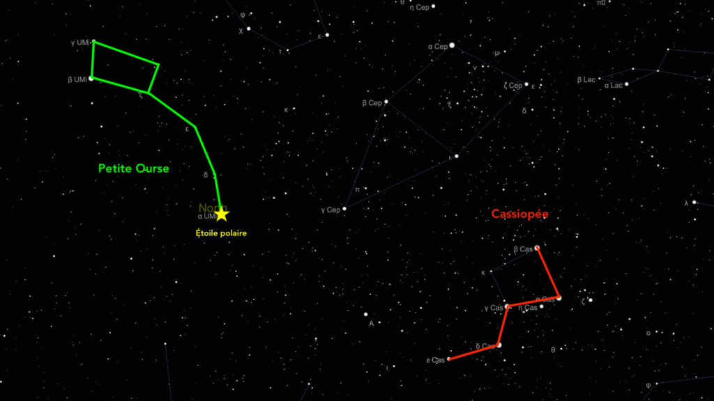 La constellation de Cassiopée est proche de l'étoile polaire. // Source : Capture d'écran The Sky Live, annotations Numerama