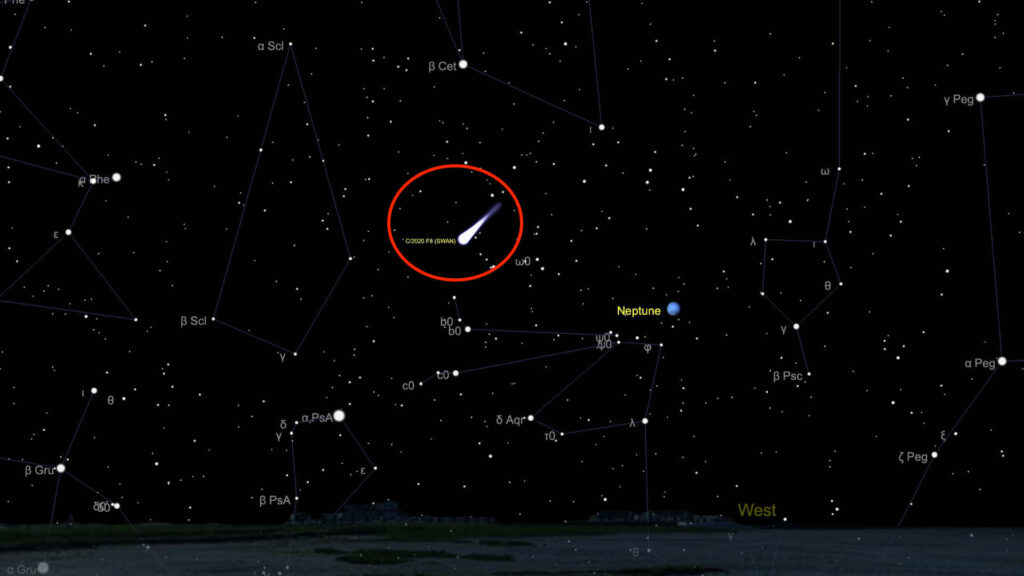 Position de la comète, dans la constellation du Verseau. // Source : Capture d'écran The Sky Live, annotation Numerama