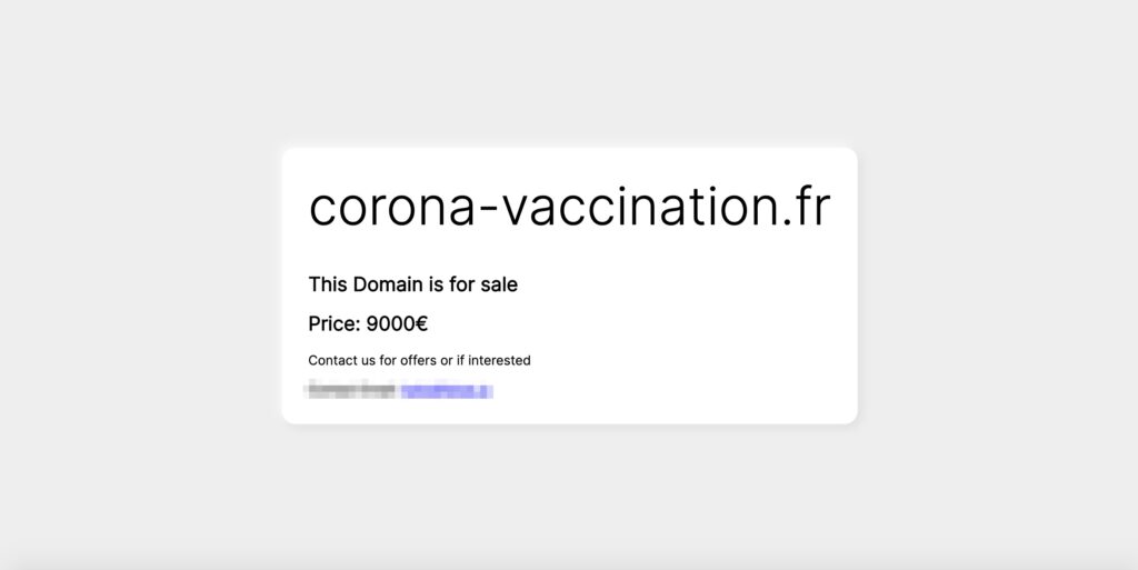 Le dépositaire de corona-vaccination.fr mets son site en vente à 9 000 euros. // Source : Capture d'écran Numerama
