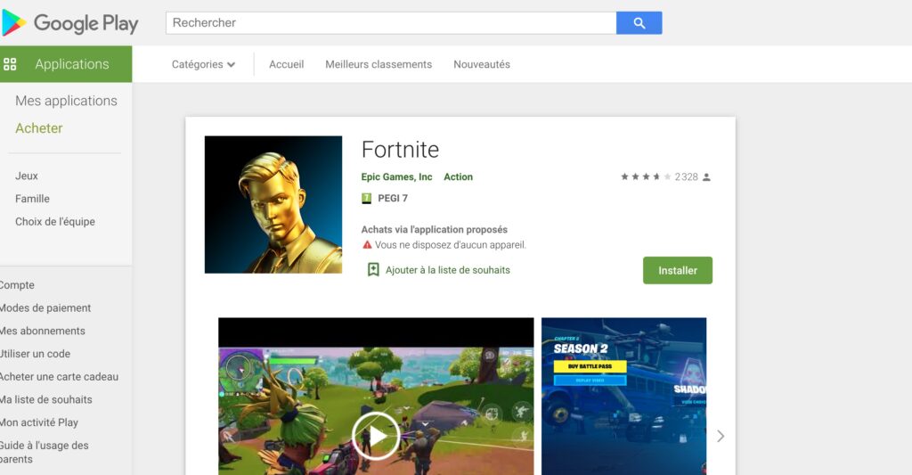 Fortnite dans le Play Store de Google depuis le 21 avril 2020 // Source : play.google.com