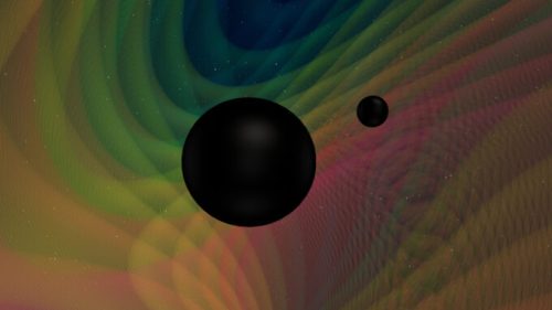 Les deux trous noirs du système GW190412 (simulation). // Source : N. Fischer, H. Pfeiffer, A. Buonanno (Max Planck Institute for Gravitational Physics), Simulating eXtreme Spacetimes (SXS) Collaboration (photo recadrée)