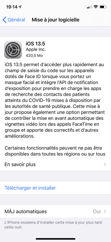 iOS 13.5 // Source : Capture d'écran Numerama