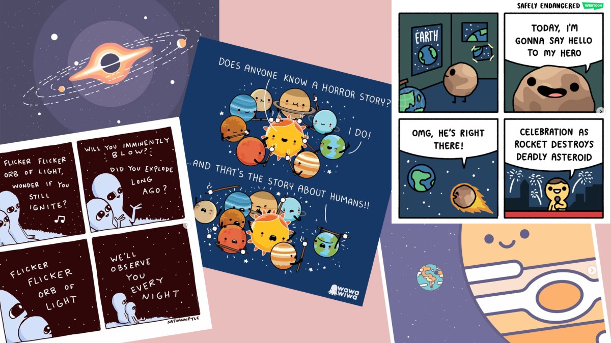 Les comptes Instagram à suivre pour voir des comics sur l'espace. // Source : Captures d'écran Instagram wandering.planet, wawawiwacomics, safely_endangered, nathanwpylestrangeplanet, montage Numerama