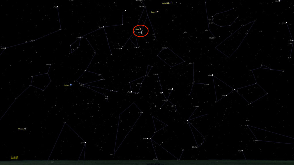 Mars, très proche de la Lune avant l'aube du 16 avril 2020. // Source : Capture d'écran The Sky Live, annotation Numerama