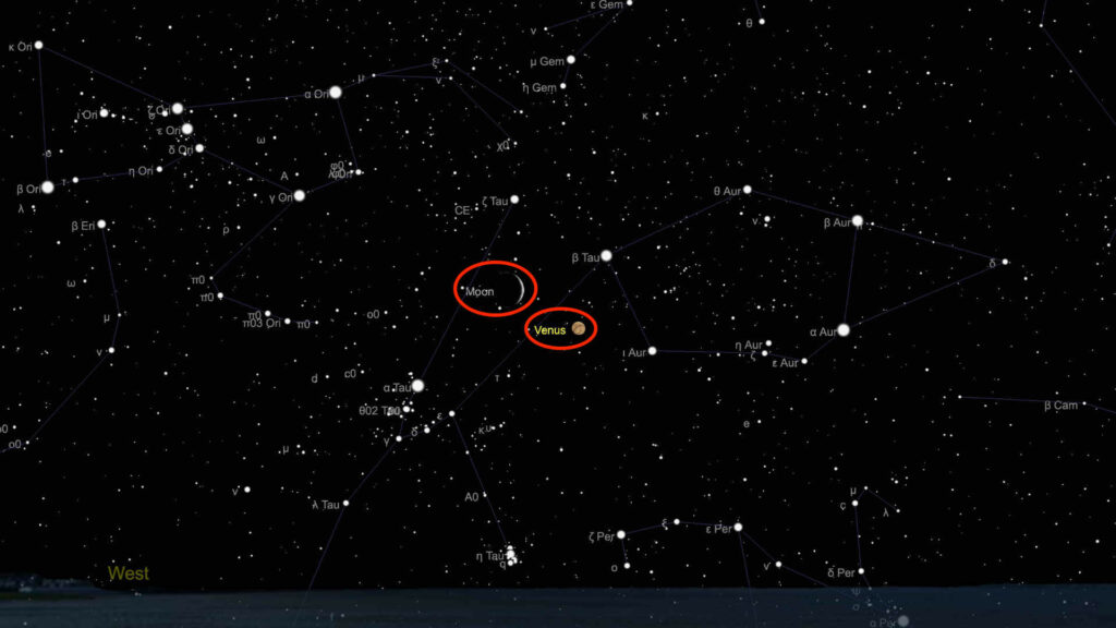La Lune et Vénus le soir du 26 avril 2020. // Source : Capture d'écran The Sky Live, annotations Numerama