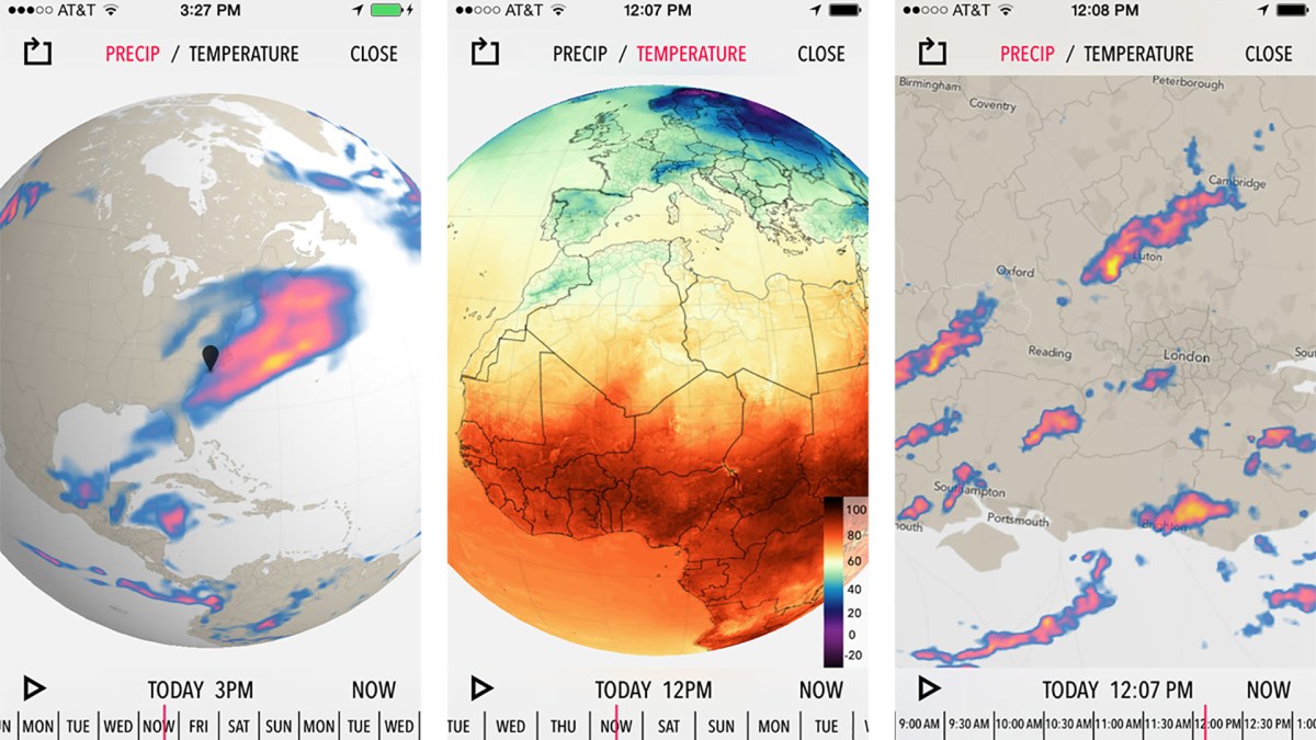 Dark Sky propose une visualisation du globe avec les précipitations et les températures. // Source : Dark Sky