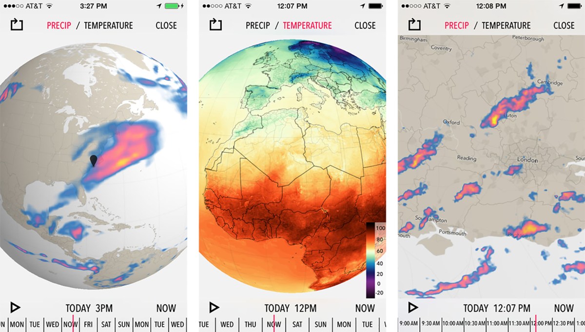 Dark Sky propose une visualisation du globe avec les précipitations et les températures. // Source : Dark Sky