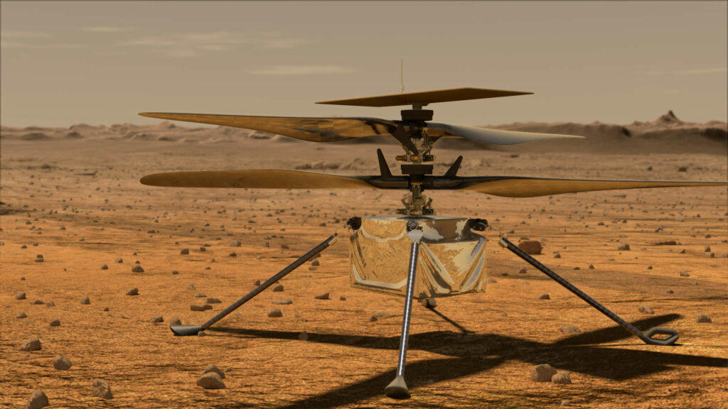 Vue d'artiste d'Ingenuity sur Mars. // Source : NASA/JPL-Caltech (photo recadrée)