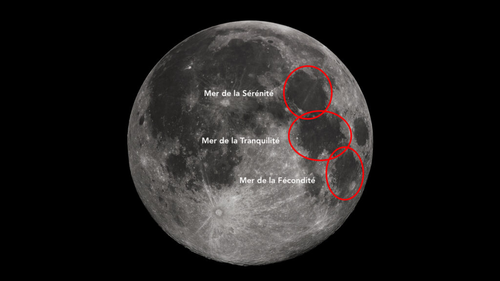 Trois mers lunaires proches les unes des autres. // Source : Wikimedia/CC/Gregory H. Revera (photo recadrée et annotée)