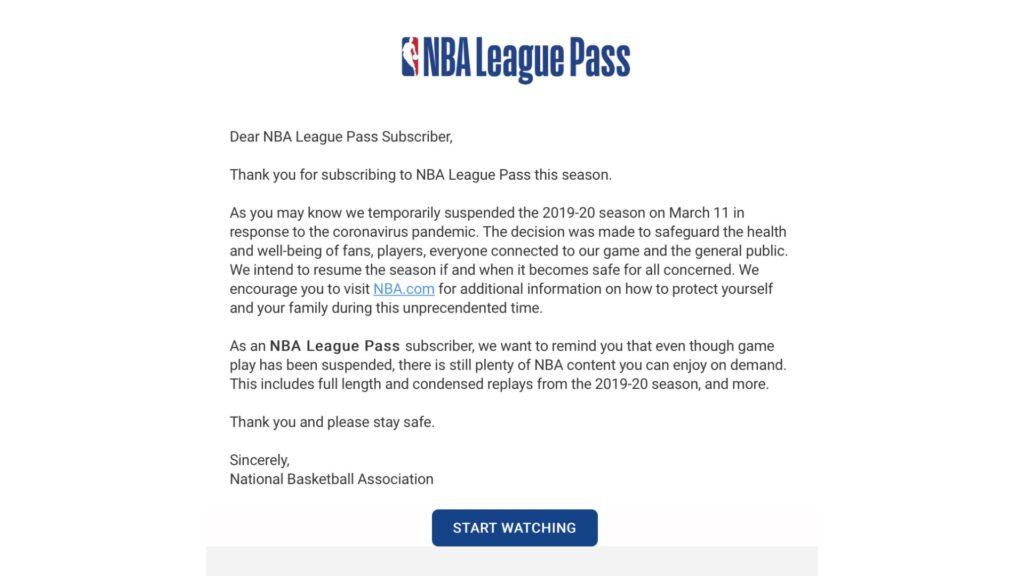 Mail NBA League Pass // Source : Capture d'écran