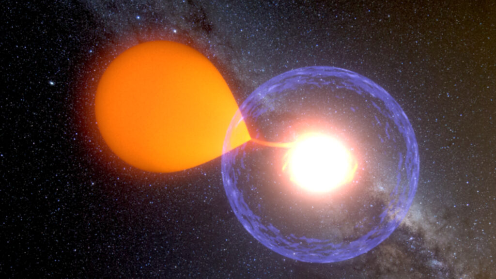 Vue d'artiste de l'éruption d'une nova. // Source : Nova_by K. Ulaczyk, Warschau Universität Observatorium (photo recadrée)