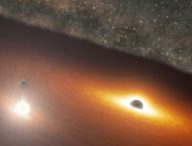 Les deux trous noirs dans la galaxie OJ 287, vue d'artiste. // Source : NASA/JPL-Caltech (photo recadrée)