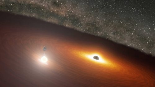 Les deux trous noirs dans la galaxie OJ 287, vue d'artiste. // Source : NASA/JPL-Caltech (photo recadrée)