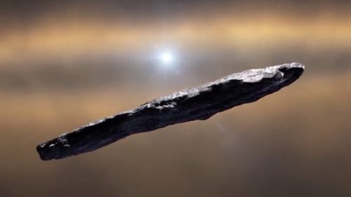 Vue d'artiste d'Oumuamua. // Source : Capture d'écran YouTube Thiton Pléiades