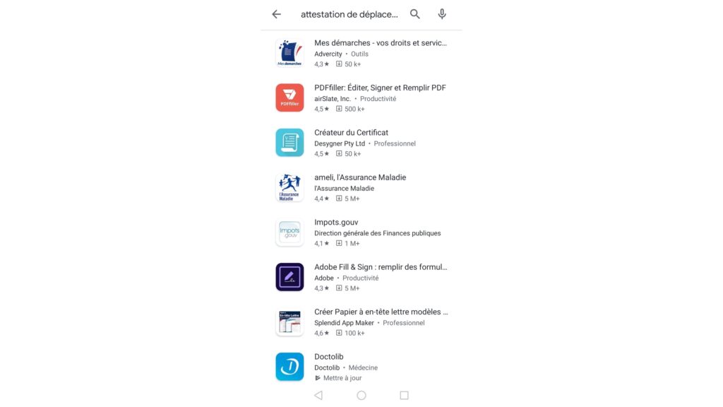 Les applications générant des attestations de déplacement ne sont plus disponibles sur le Play Store Android // Source : Capture d'écran Numerama