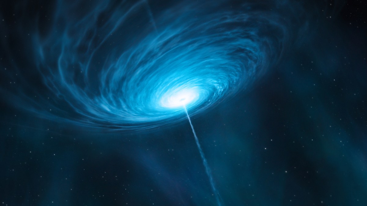 Vue d'artiste du quasar 3C 279. // Source : ESO/M. Kornmesser (photo recadrée)