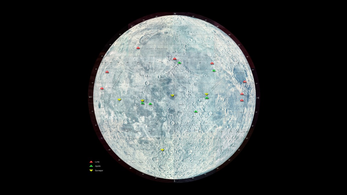 Les sites d'atterrissage de plusieurs missions lunaires. // Source : National Space Science Data Center