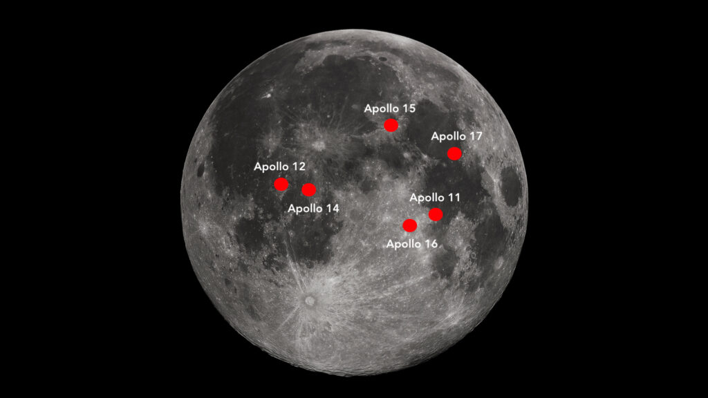 Les sites d'atterrissage des missions habitées sur la Lune. // Source : Wikimedia/CC/Gregory H. Revera (photo recadrée et annotée)
