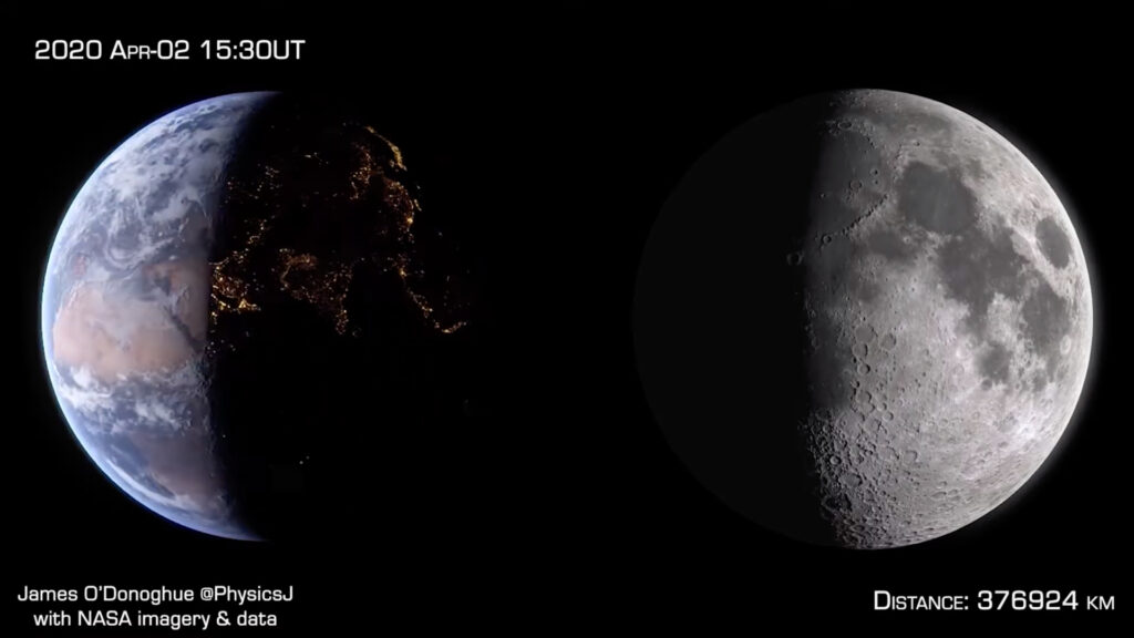 La Terre vue de la Lune, et inversement. // Source : Capture d'écran YouTube James O'Donoghue 