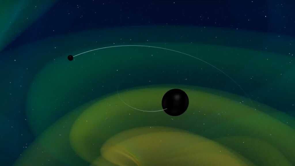 Une simulation des deux trous noirs de ce système. // Source : Capture d'écran YouTube  Max-Planck-Institut für Gravitationsphysik (Albert-Einstein-Institut)