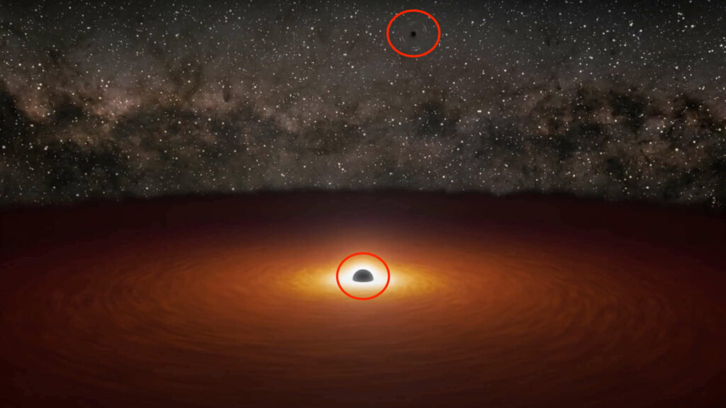 Les deux trous noirs situés dans la galaxie OJ 287. // Source : Capture d'écran YouTube Nasa Jet Propulsion Laboratory, annotations Numerama