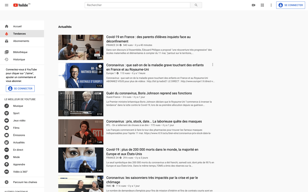 YouTube actualités // Source : Capture d'écran Numerama
