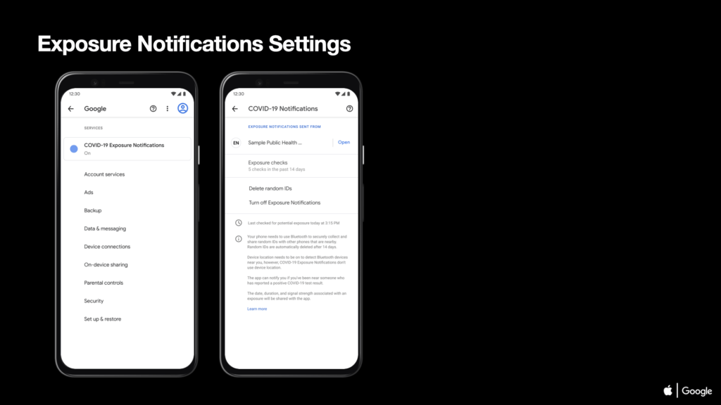 Les paramètres sur Android des outils de Google et Apple // Source : Apple / Google Les paramètres sur Android des outils de Google et Apple // Source : Apple / Google
