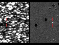 L'astéroïde 2019 LD2 en juin 2019. Il s'agit de la même image : à droite, les étoiles ont été effacées. // Source : ATLAS/A. Heinze/IfA (photo recadrée)