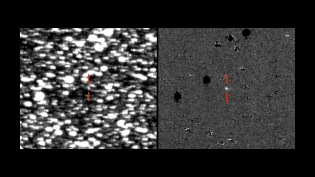 L'astéroïde 2019 LD2 en juin 2019. Il s'agit de la même image : à droite, les étoiles ont été effacées. // Source : ATLAS/A. Heinze/IfA (photo recadrée)