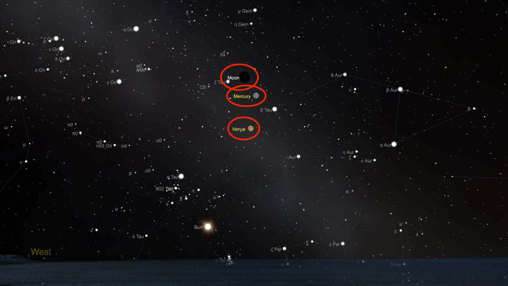 Conjonction entre la Lune, Mercure et Vénus le soir du 24 mai. // Source : Capture d'écran The SkyLive, annotations Numerama
