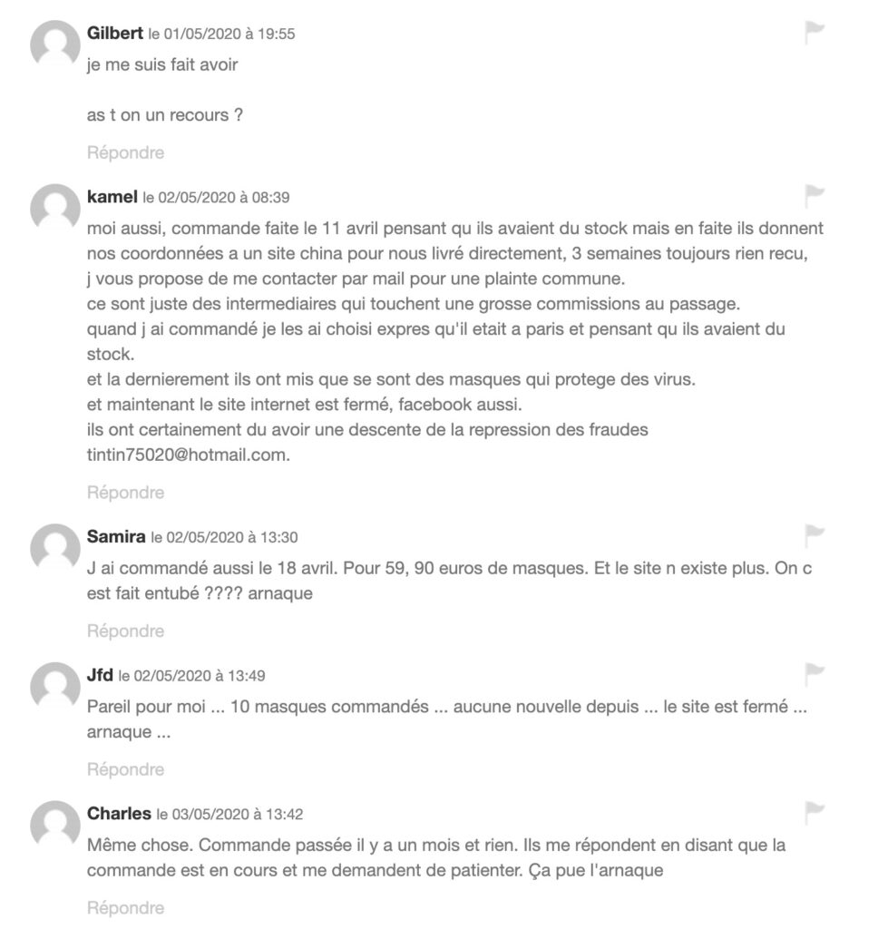 Des avis négatifs sur la non-réception de masques // Source : Capture d'écran WeDoData/Manon Pellieux Des avis négatifs sur la non-réception de masques // Source : Capture d'écran WeDoData/Manon Pellieux