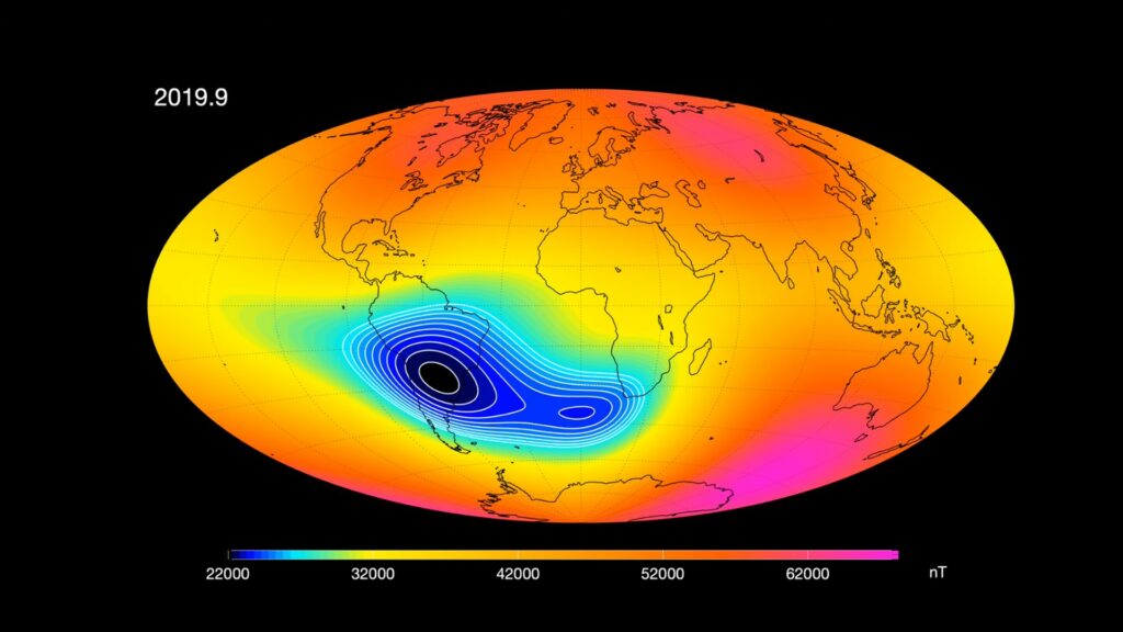 Cette image satellite montre clairement le deuxième centre en train de se former à l'Est. // Source : Division of Geomagnetism, DTU Space