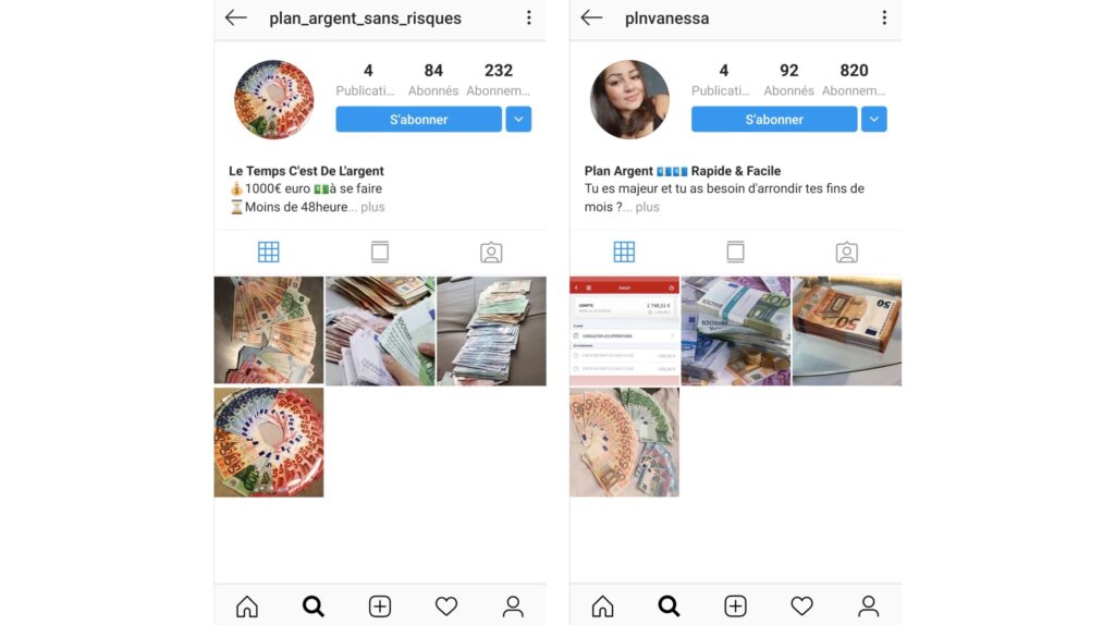 Ces comptes n'hésitent pas à exhiber les billets de banque // Source : Capture d'écran Instagram / Numerama