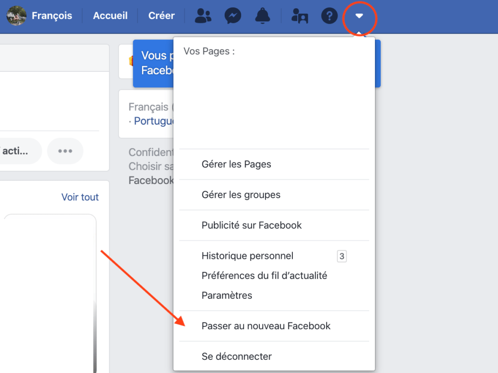 Passer au nouveau Facebook // Source : Capture d'écran Numerama Passer au nouveau Facebook // Source : Capture d'écran Numerama