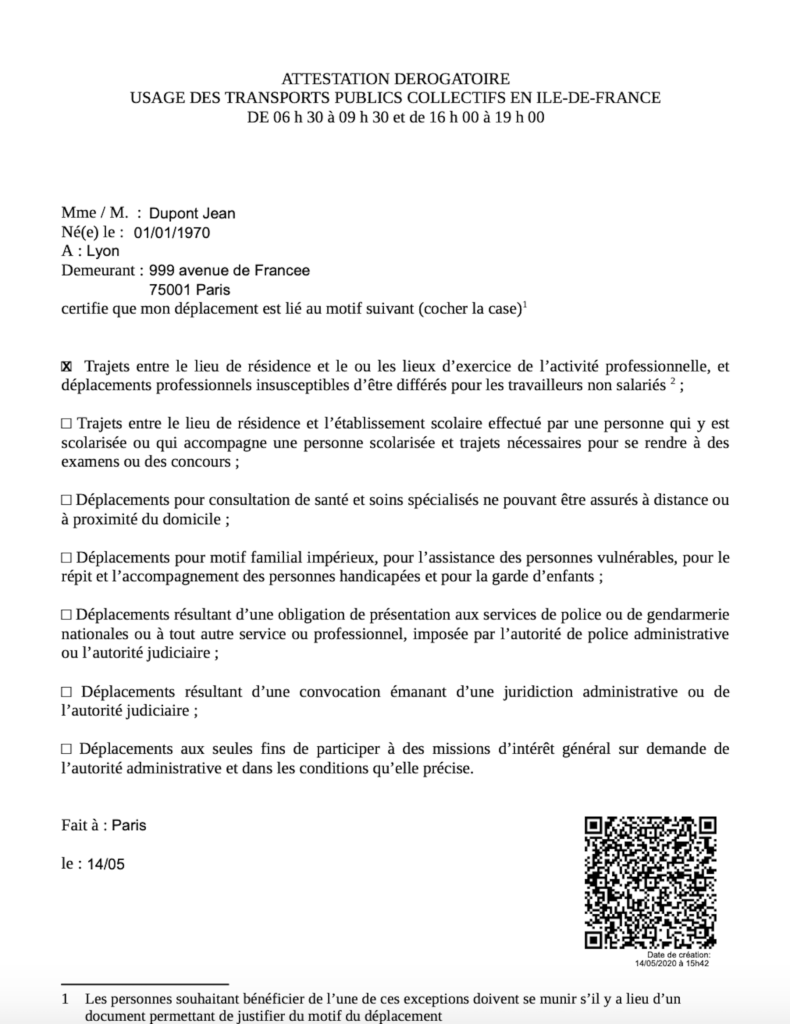 Exemple d'attestation générée sur smartphone Exemple d'attestation générée sur smartphone