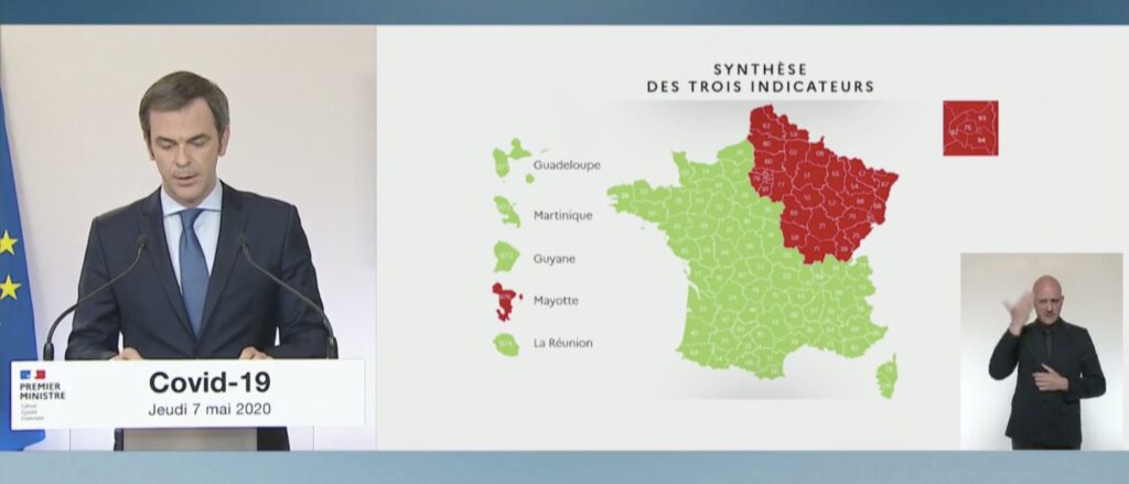 Code couleur final des départements français pour le déconfinement du 11 mai. // Source : Gouvernement