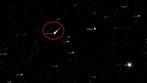 Position de la comète Swan le 13 mai 2020. // Source : Capture d'écran The Sky Live, annotations Numerama