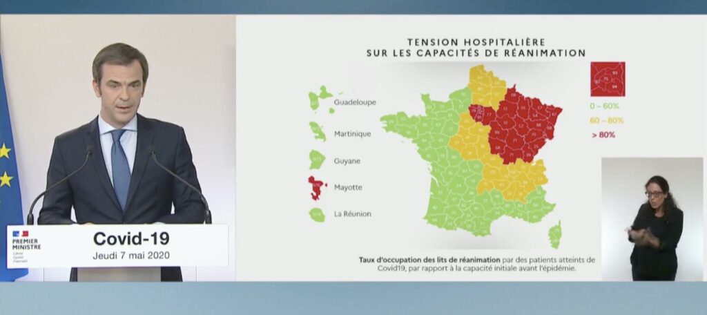 Carte de la tension hospitalière au 7 mai. // Source : Gouvernement