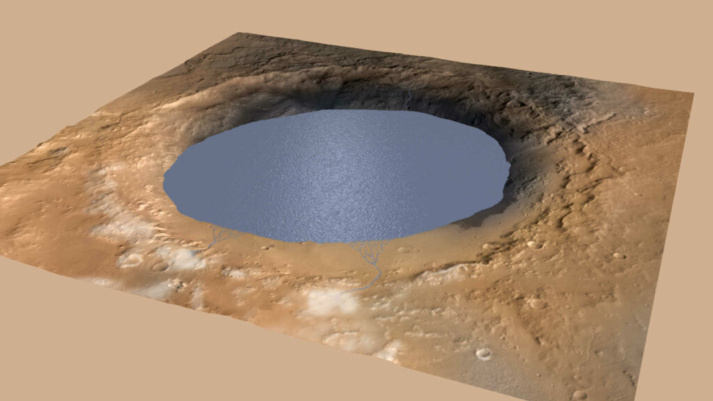 Illustration du cratère Gale rempli par un lac. // Source : NASA/JPL-Caltech/ESA/DLR/FU Berlin/MSSS (photo recadrée)