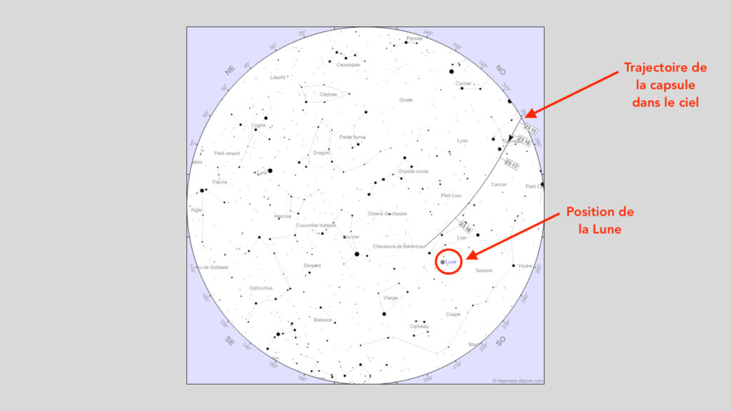 Trajectoire de la capsule dans le ciel le 30 mai, vue de Toulouse. // Source : Heavens Above, annotations Numerama