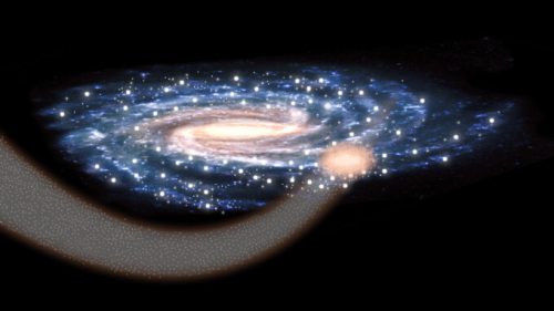 Représentation de la collision de la galaxie naine du Sagittaire et de la Voie lactée. // Source : ESA (photo recadrée)