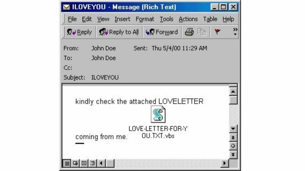 Capture d'écran d'un email "I LOVE YOU" // Source : Wikimedia